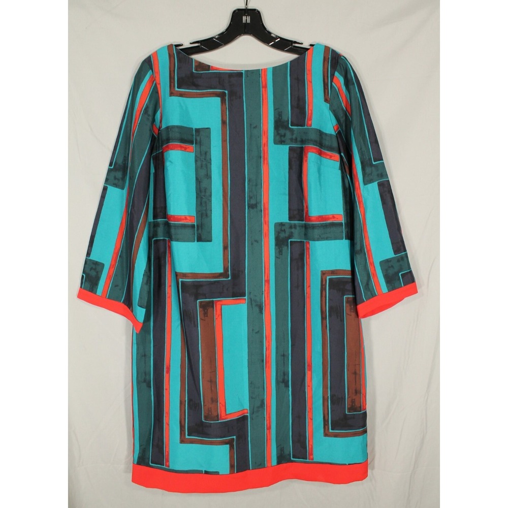 ELIZA J Lined SATIN Teal/Multi GEOMETRIC PATTERN Zip 3/4 SLEEVE Shift Dress Sz 8